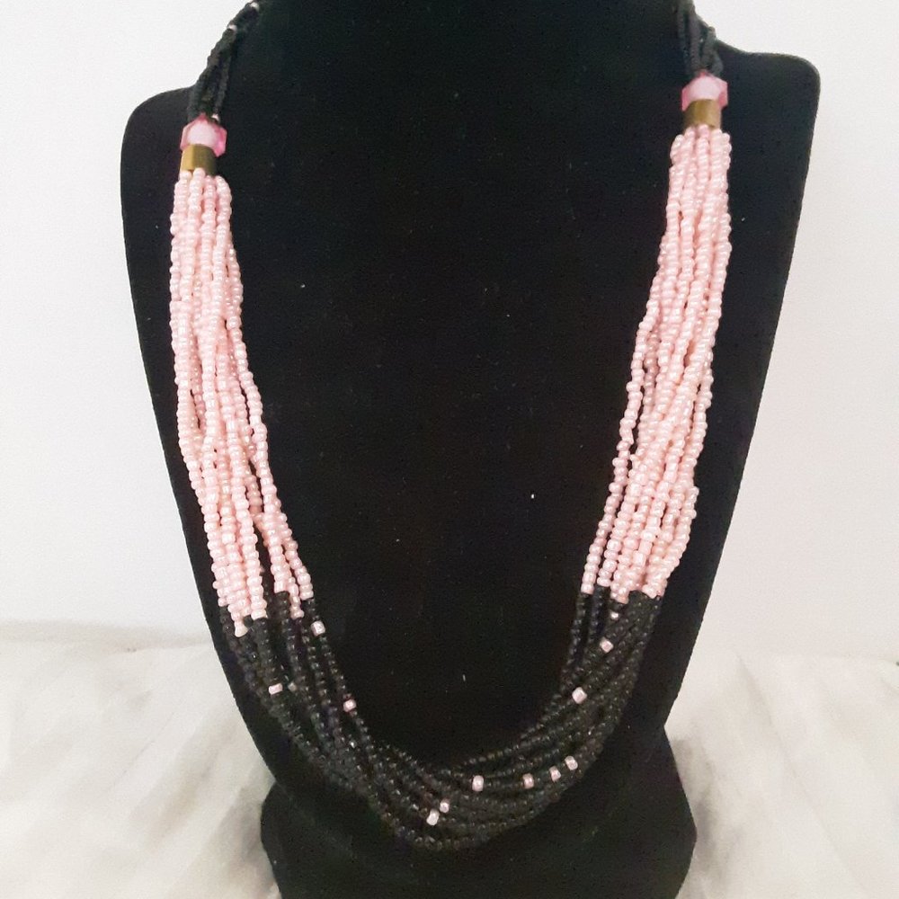 Seed Bead Pink Black Multiple Strand Necklace